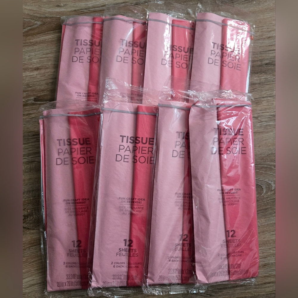 8 Packs Of Pink Tissue Paper.  12 Sheets Per Pack.  Brand New.